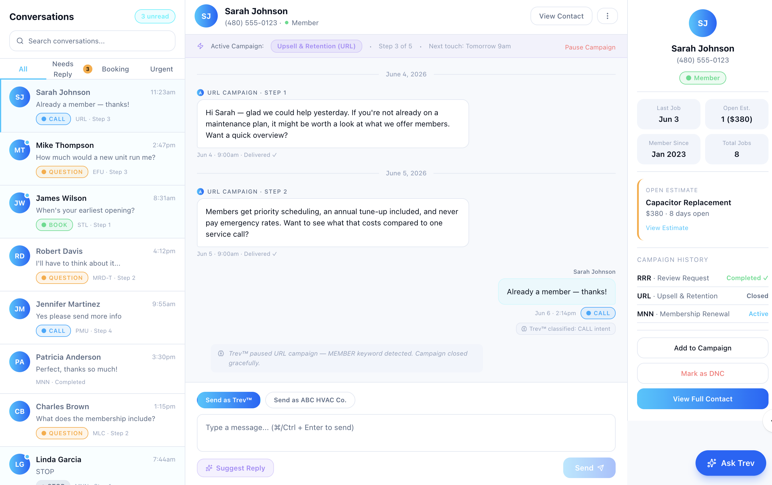 Atrevio communication inbox with Trev managing customer conversations